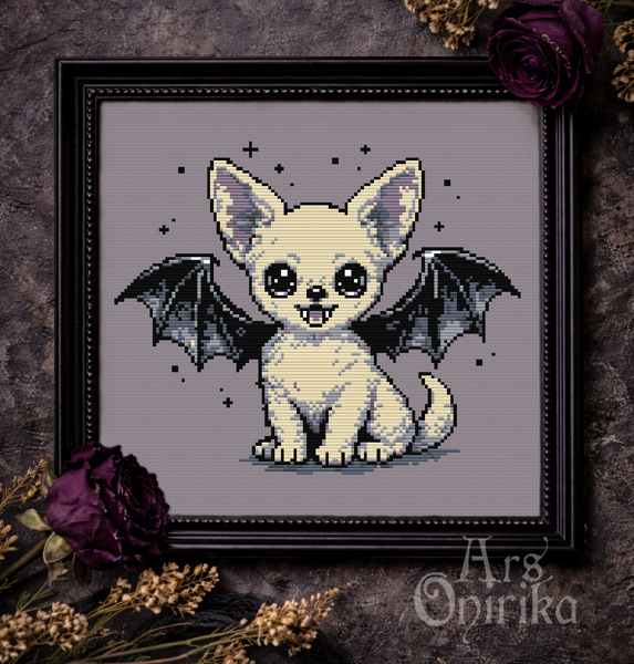 Bat Chihuahua Cross Stitch Pattern – Cute Gothic Embroidery (PDF) - EASY LEVEL