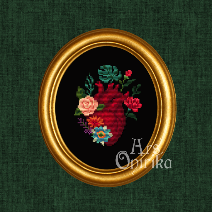 Anatomic Heart Of Flowers Cross Stitch Pattern (PDF) - EASY LEVEL