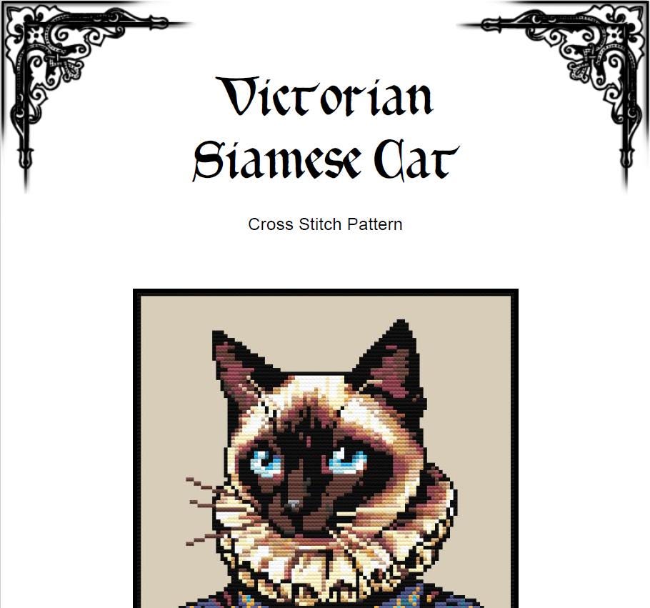 Custom Victorian Siamese Cat - Cross Stitch Pattern (PDF) - Alphabet Included - INTERMEDIATE LEVEL