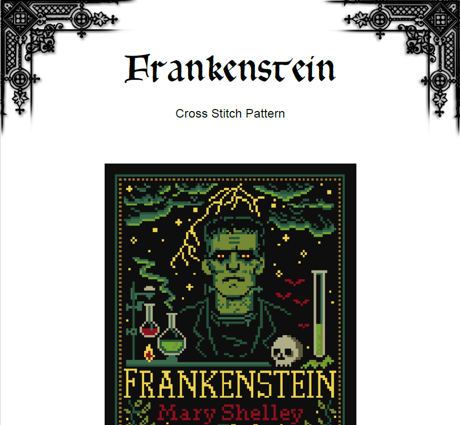 Frankenstein Cross Stitch Pattern (PDF) – Mary Shelley  - INTERMEDIATE LEVEL