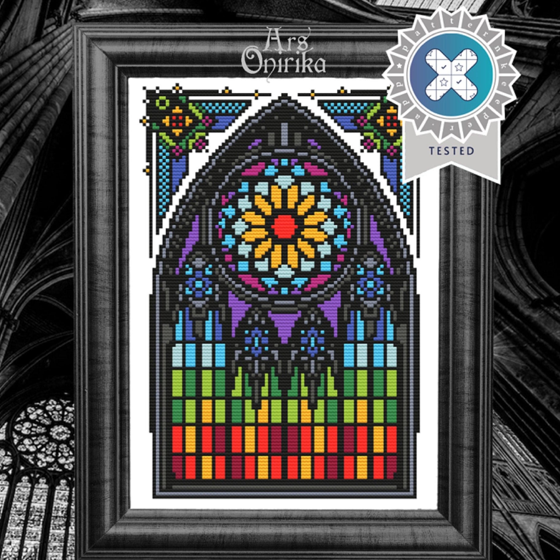 Gothic Stained Glass Cross Stitch Pattern – Colorful Window Embroidery (PDF) - EASY LEVEL
