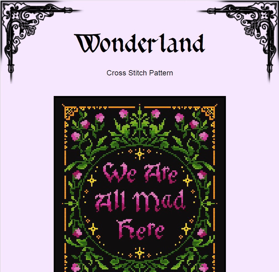 Alice in Wonderland Cross Stitch Pattern - We Are All Mad Here (PDF) - INTERMEDIATE LEVEL