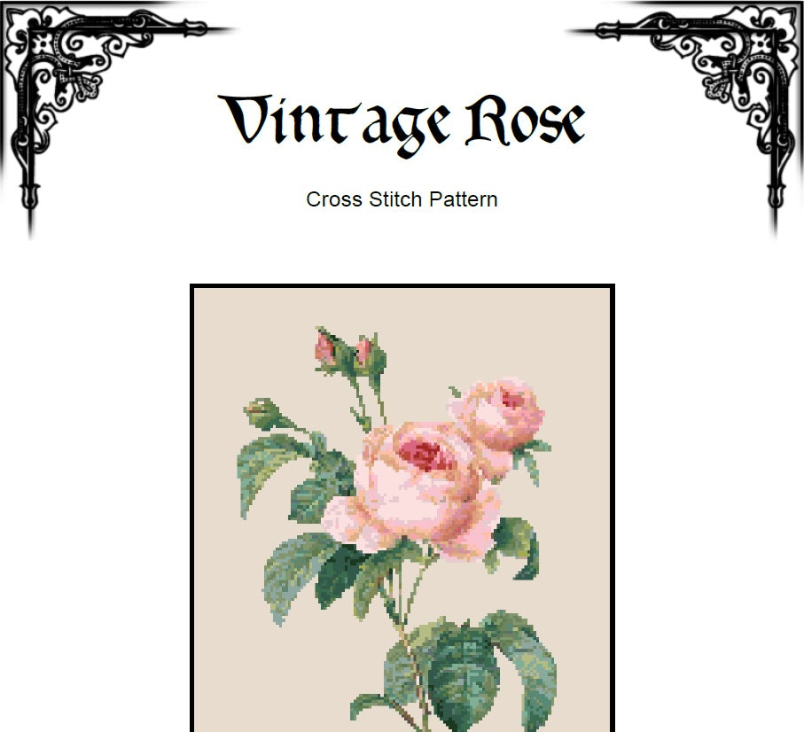 Vintage Rose Cross Stitch Pattern (PDF) – Botanical Floral Design - INTERMEDIATE LEVEL