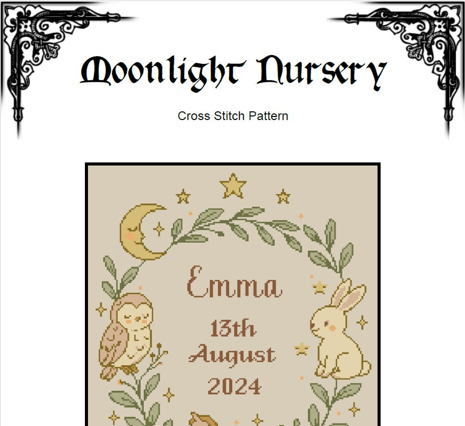 Customizable Birth Sampler - Cross Stitch Pattern (PDF) - Moonlight Nursery - EASY LEVEL