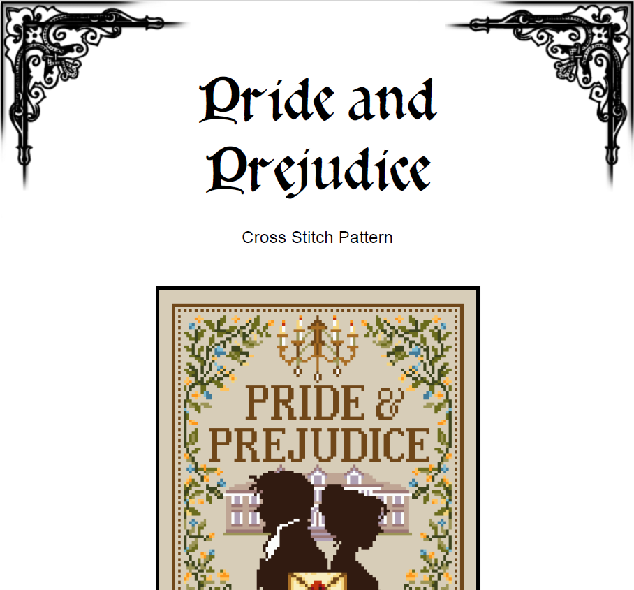 Pride and Prejudice Cross Stitch Pattern (PDF) – Jane Austen - INTERMEDIATE LEVEL