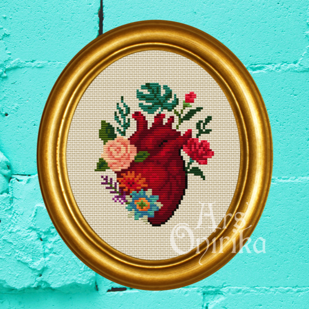 Anatomic Heart Of Flowers Cross Stitch Pattern (PDF) - EASY LEVEL