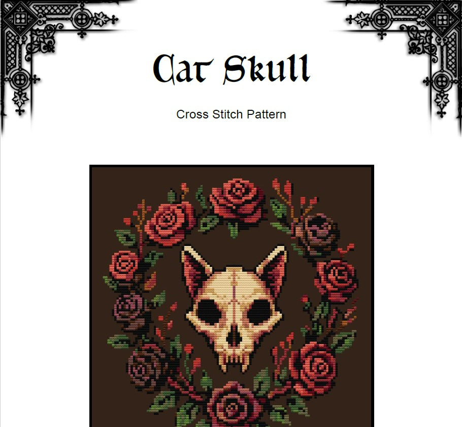 Cat Skull & Roses Cross Stitch Pattern – Gothic Embroidery (PDF) - INTERMEDIATE LEVEL