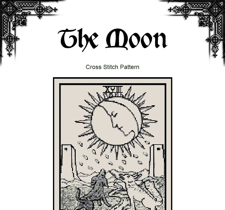 The Moon Tarot Card - Cross Stitch Pattern (PDF) – Rider Waite, Major Arcana - INTERMEDIATE LEVEL