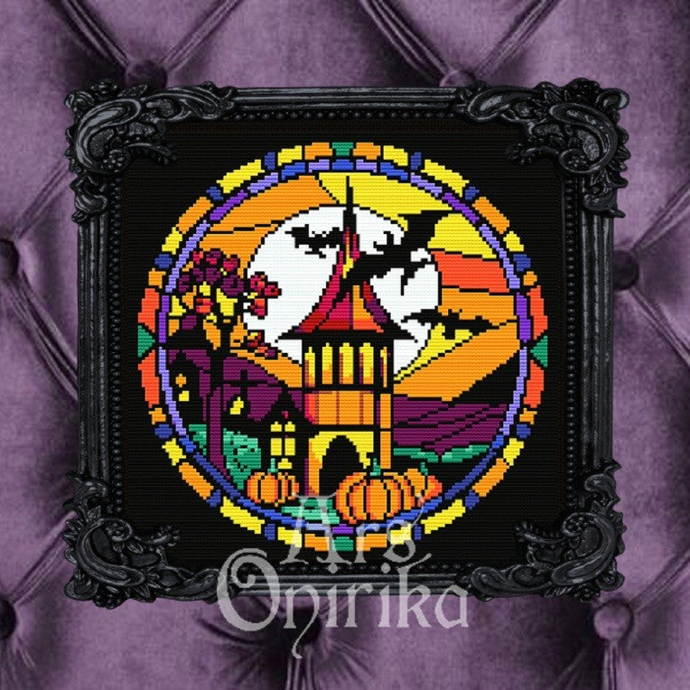 Halloween Stained Glass Cross Stitch Pattern (PDF) – Spooky, Gothic - EASY LEVEL