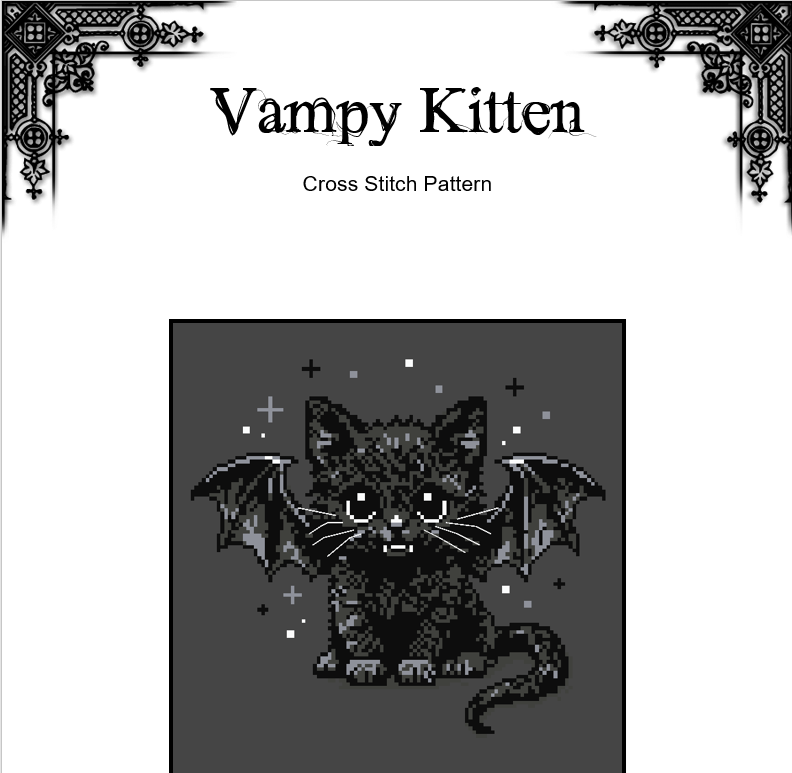 Vampy Kitten Cross Stitch Pattern – Cute Gothic Embroidery (PDF) - EASY LEVEL