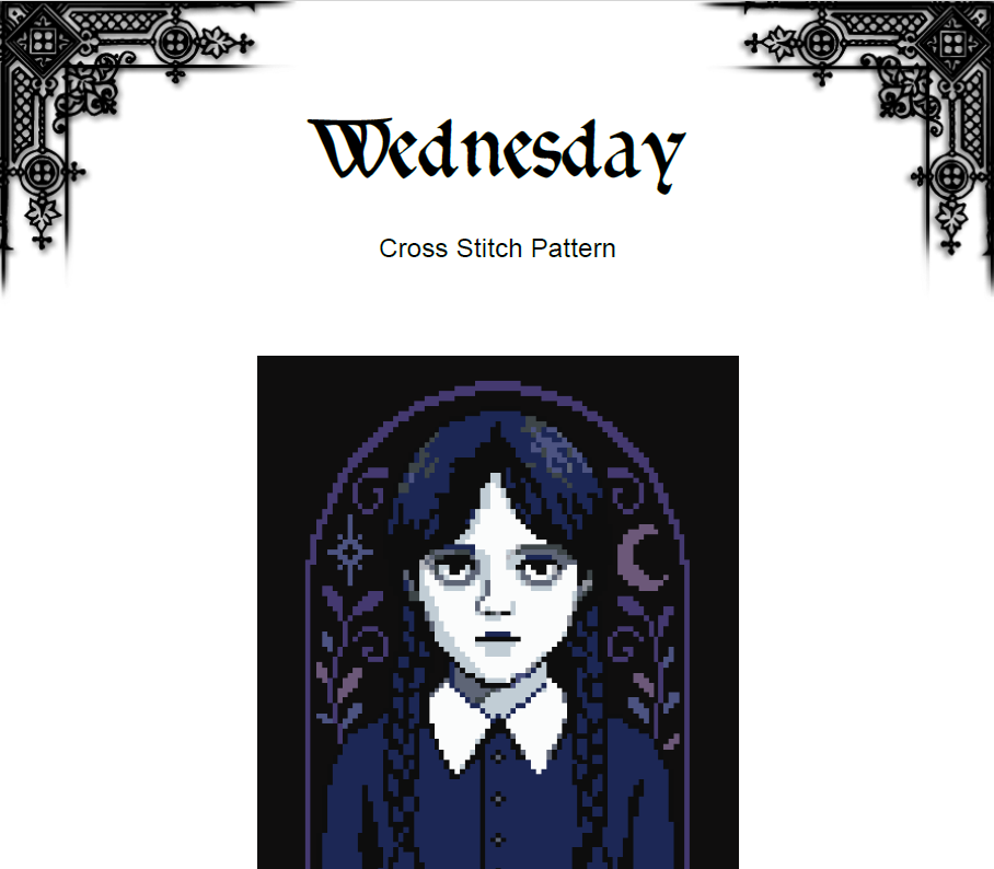 Wednesday Cross Stitch Pattern - Witchy Gothic Merlina (PDF) - EASY LEVEL