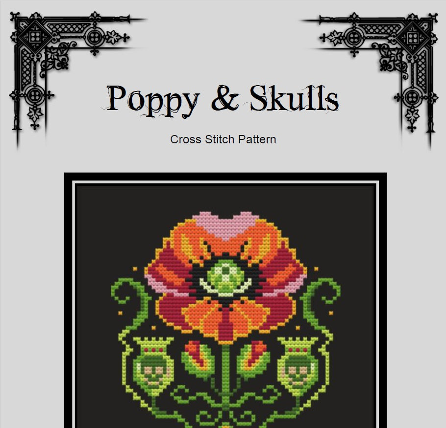 Poppy and Skulls Cross Stitch Pattern – Gothic Witchcraft Embroidery (PDF) - EASY LEVEL
