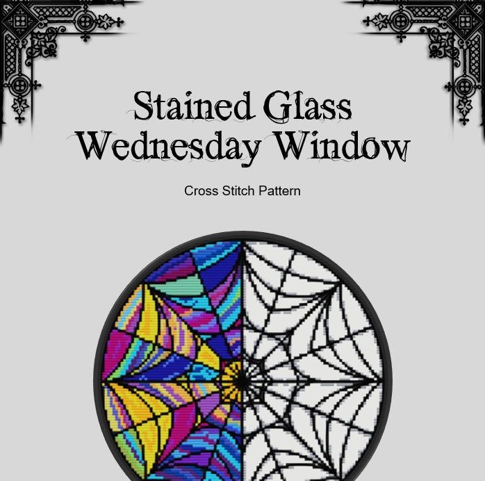 Gothic Stained Glass Wednesday Window Cross Stitch Pattern (PDF) - EASY LEVEL