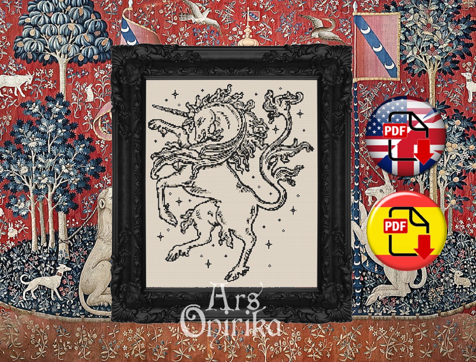 Medieval Unicorn Pattern - Cross Stitch Chart - Fantasy Embroidery (PDF) - EASY LEVEL