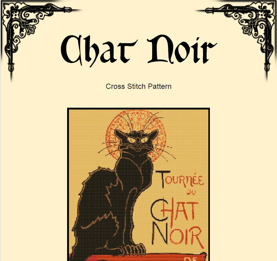 Chat Noir Cross Stitch Pattern – Art Nouveau Black Cat (PDF) - INTERMEDIATE LEVEL