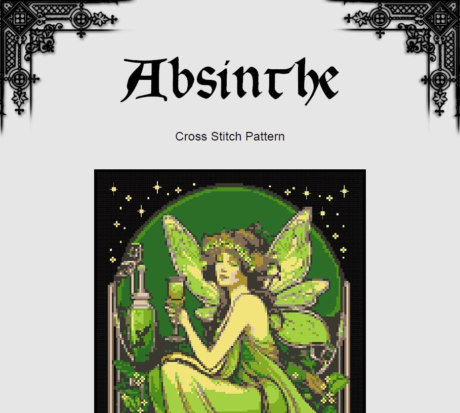 Absinthe Green Fairy Cross Stitch Pattern (PDF) – Art Nouveau Vintage Magic - INTERMEDIATE LEVEL