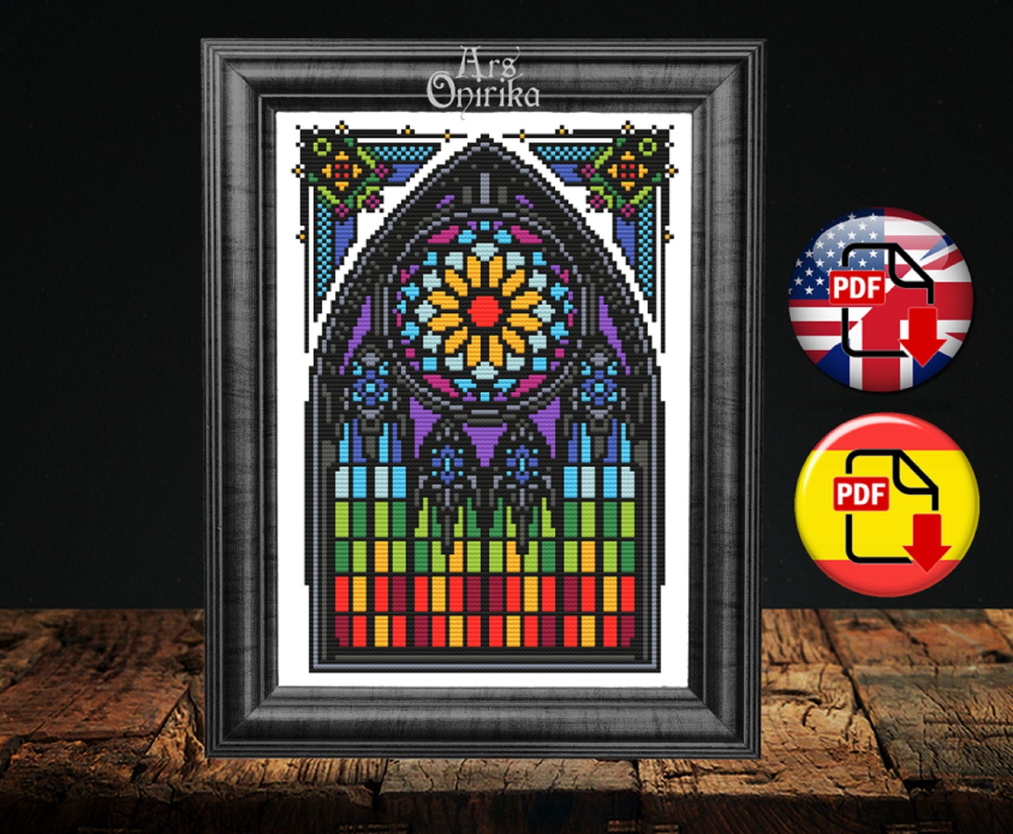 Gothic Stained Glass Cross Stitch Pattern – Colorful Window Embroidery (PDF) - EASY LEVEL