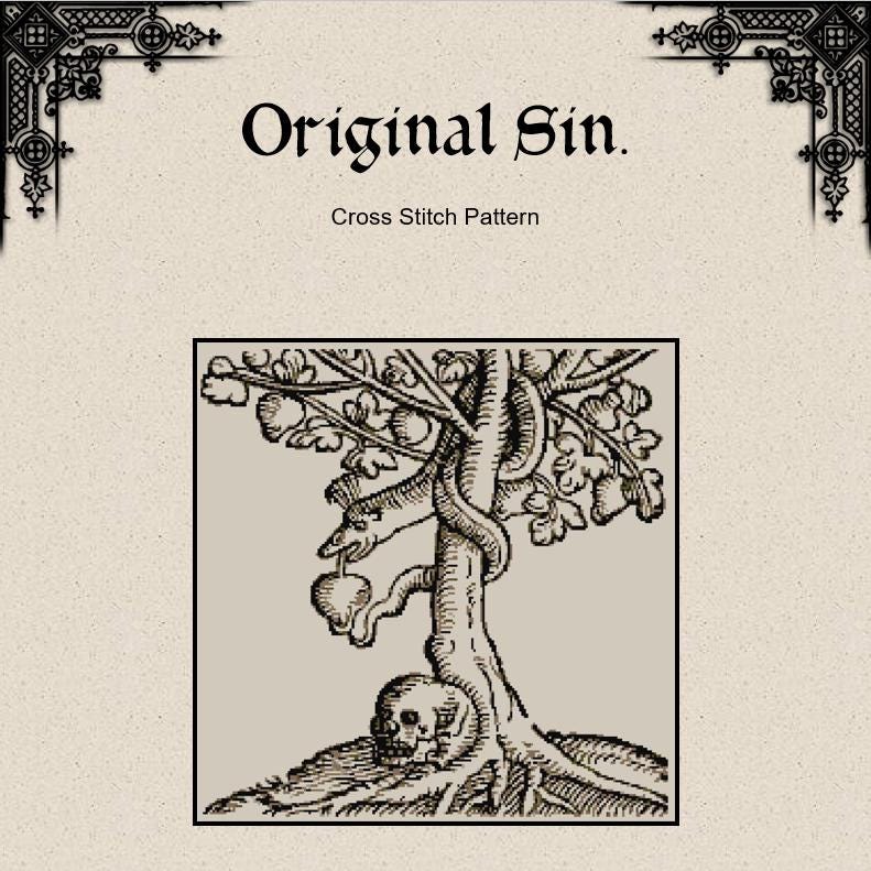 Original Sin Cross Stitch Pattern (PDF) - Medieval Woodcut, Gothic Needlepoint - EASY LEVEL