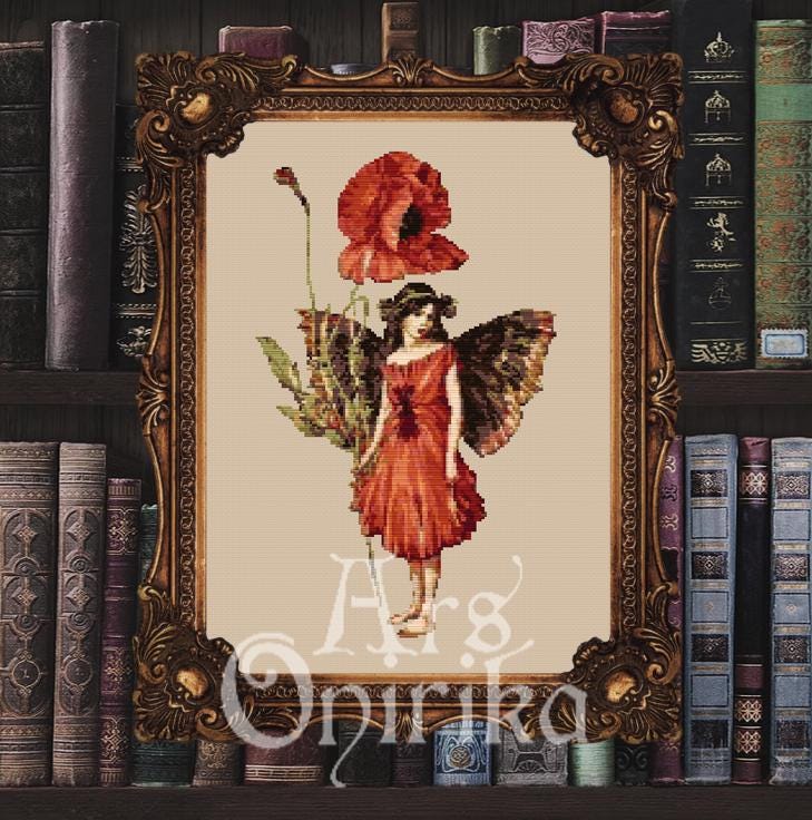 Poppy Fairy Cross Stitch Pattern (PDF) – Vintage Botanical Chart - INTERMEDIATE LEVEL