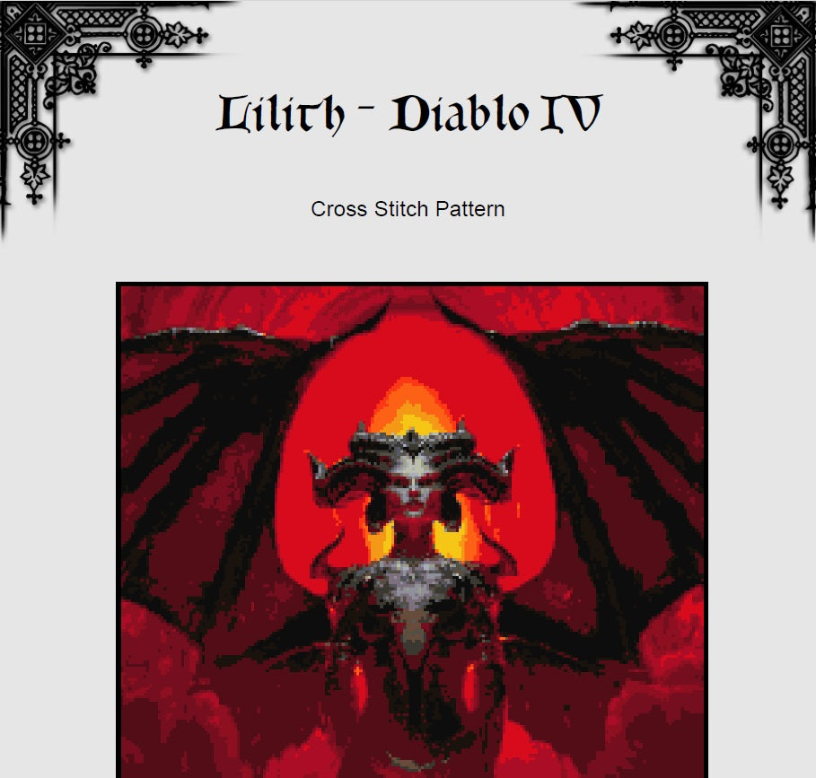 Lilith Gamer Cross Stitch Pattern - Diablo Videogame Sampler (PDF) - INTERMEDIATE LEVEL