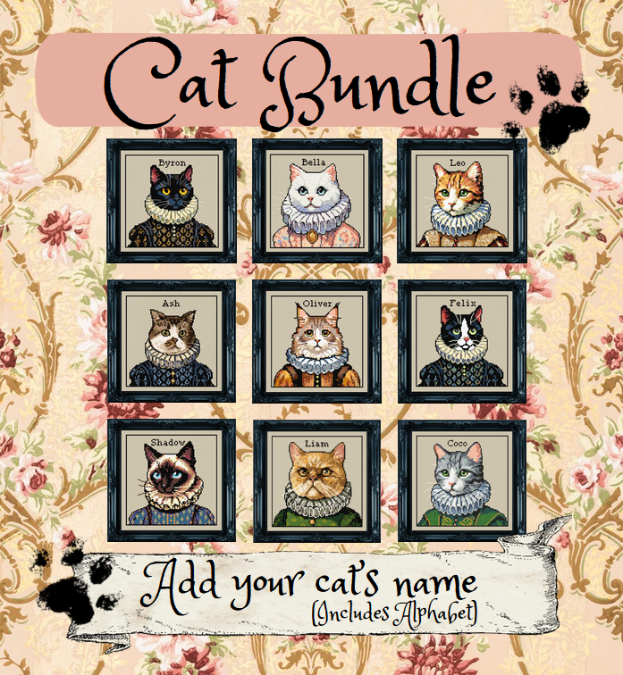 Victorian Cat Bundle - Customizable Cross Stitch Pattern – Set of 9 PDF
