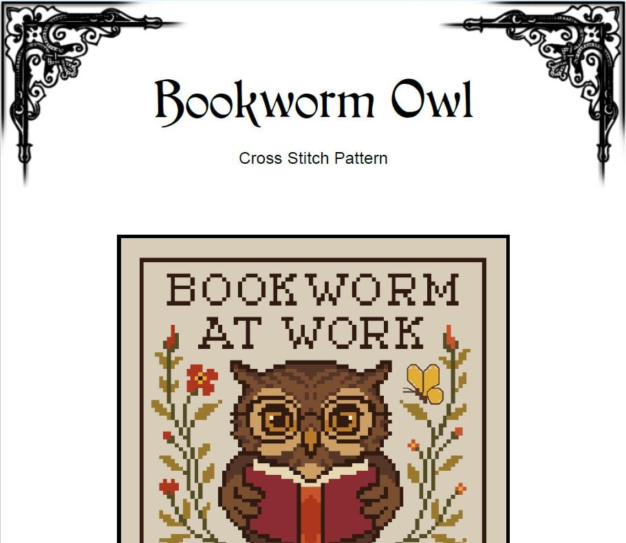 Bookworm Owl Cross Stitch Pattern – Cozy Library Sampler (PDF) - EASY LEVEL
