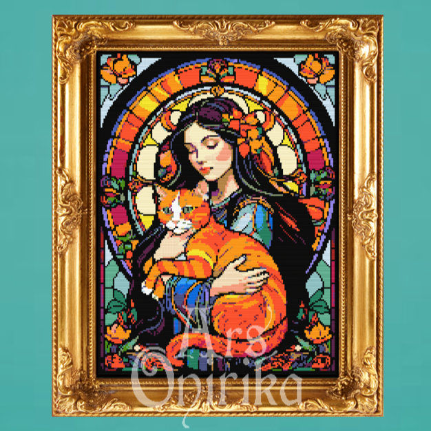 The Girl and the Cat – Stained Glass Cross Stitch Pattern - INTERMEDIATE LEVEL