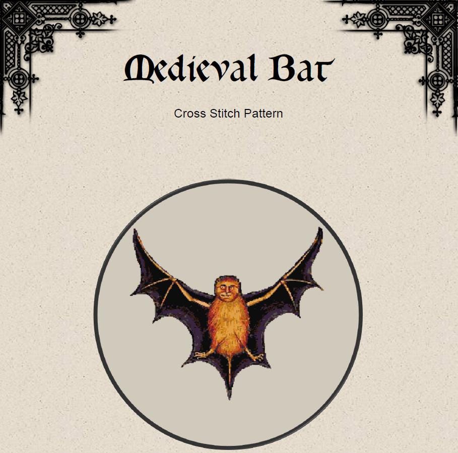 Medieval Bat Cross Stitch Pattern (PDF) – Illuminated Bestiary Design - EASY LEVEL
