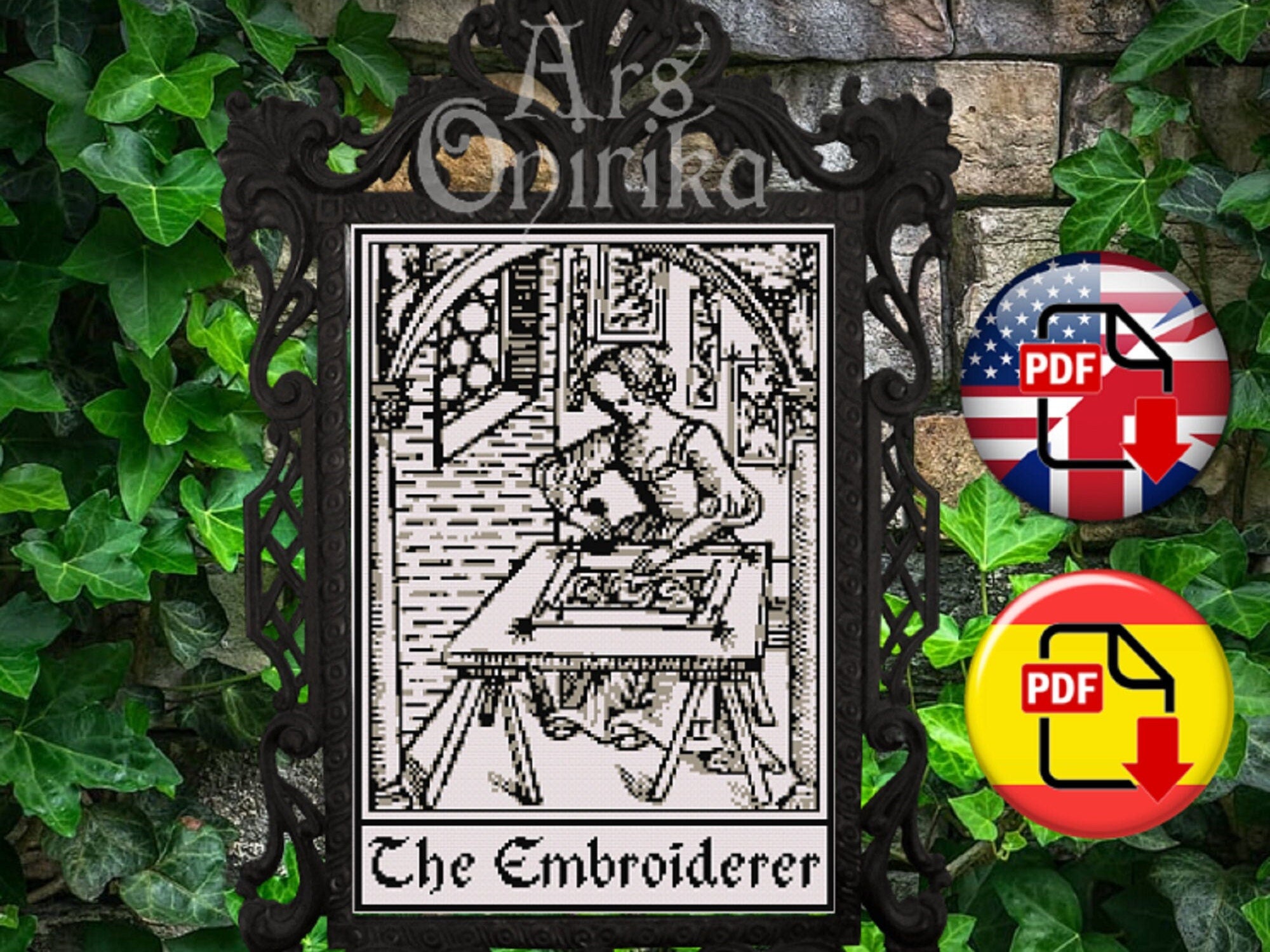 The Embroiderer - Medieval Cross Stitch Pattern (PDF) - Vintage Sampler - INTERMEDIATE LEVEL