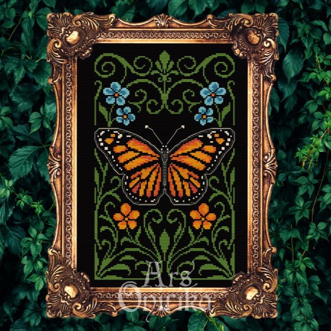 Monarch Butterfly Cross Stitch Pattern – Art Nouveau Embroidery (PDF) - INTERMEDIATE LEVEL