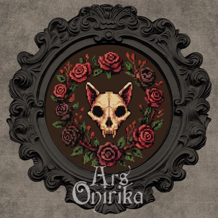 Cat Skull & Roses Cross Stitch Pattern – Gothic Embroidery (PDF) - INTERMEDIATE LEVEL