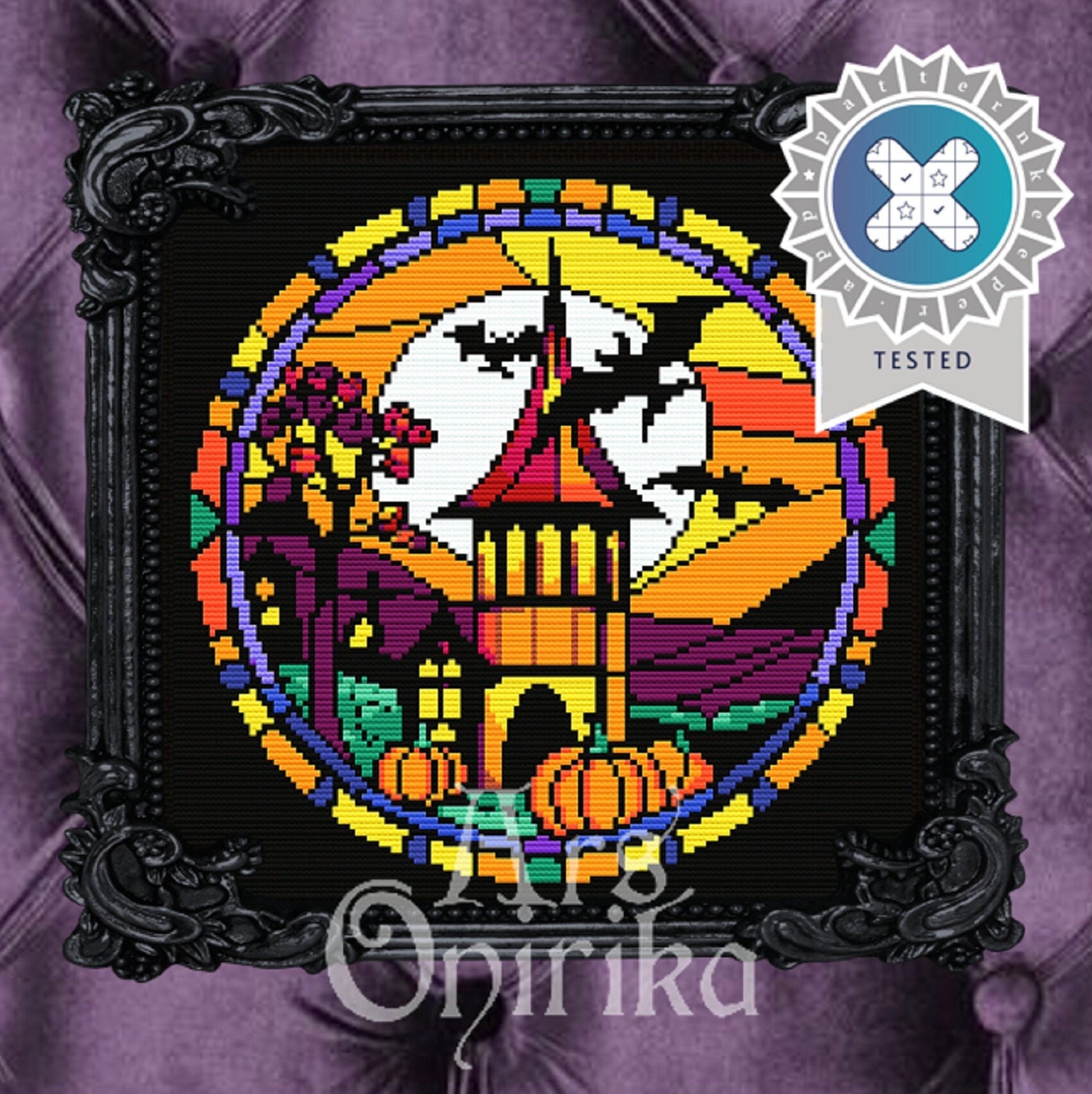 Halloween Stained Glass Cross Stitch Pattern (PDF) – Spooky, Gothic - EASY LEVEL