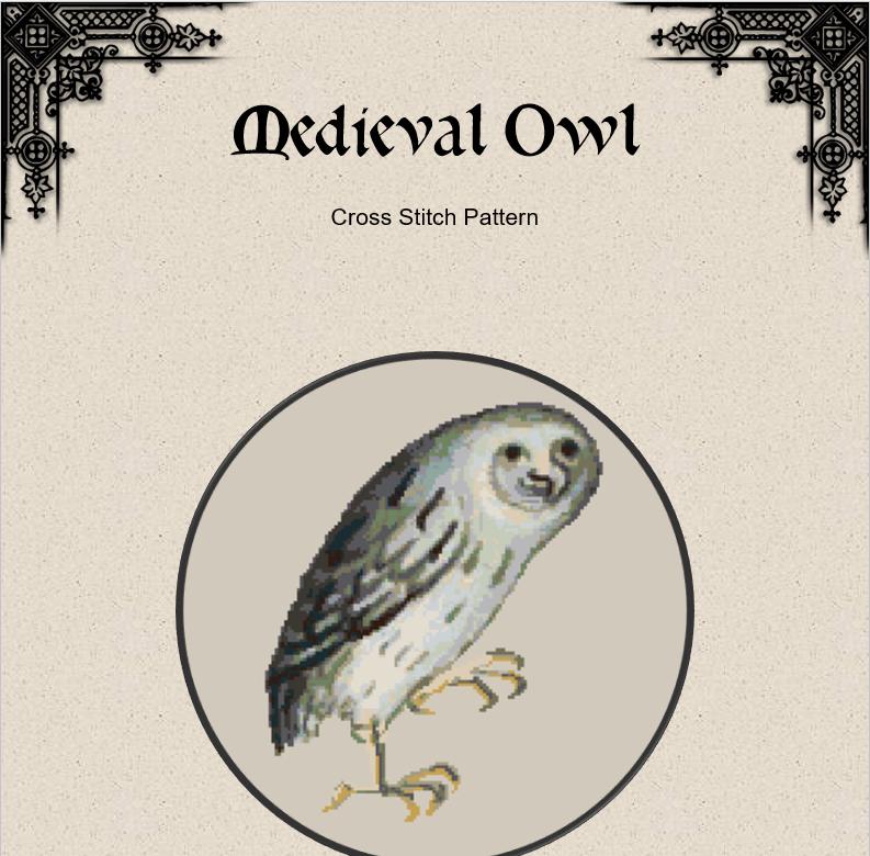 Medieval Owl Cross Stitch Pattern (PDF) – Illuminated Bestiary - EASY LEVEL