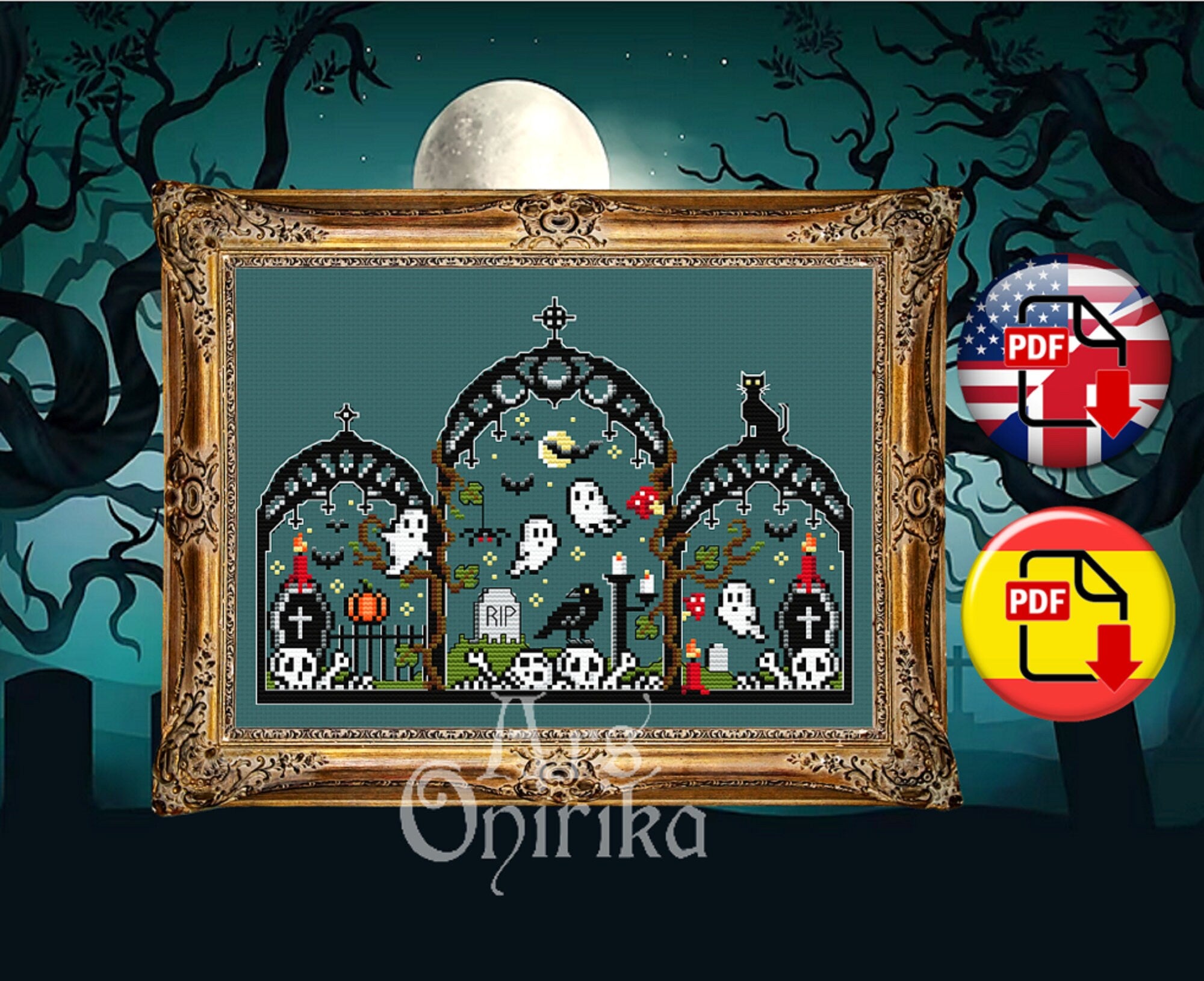 Halloween Crypt Cross Stitch Pattern (PDF) – Spooky, Gothic - EASY LEVEL