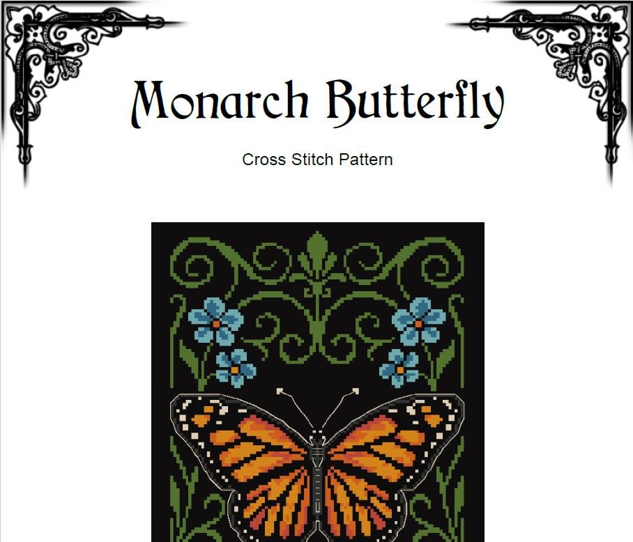 Monarch Butterfly Cross Stitch Pattern – Art Nouveau Embroidery (PDF) - INTERMEDIATE LEVEL