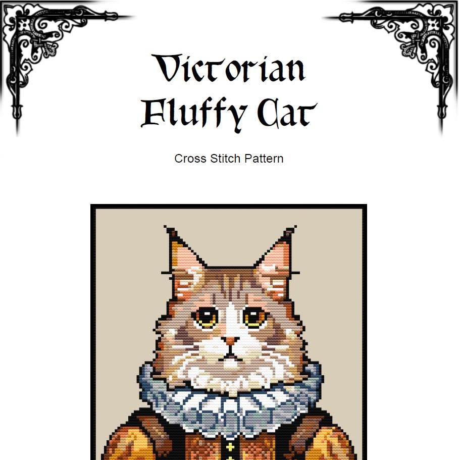 Custom Victorian Fluffy Cat - Cross Stitch Pattern (PDF) – Alphabet Included - INTERMEDIATE LEVEL