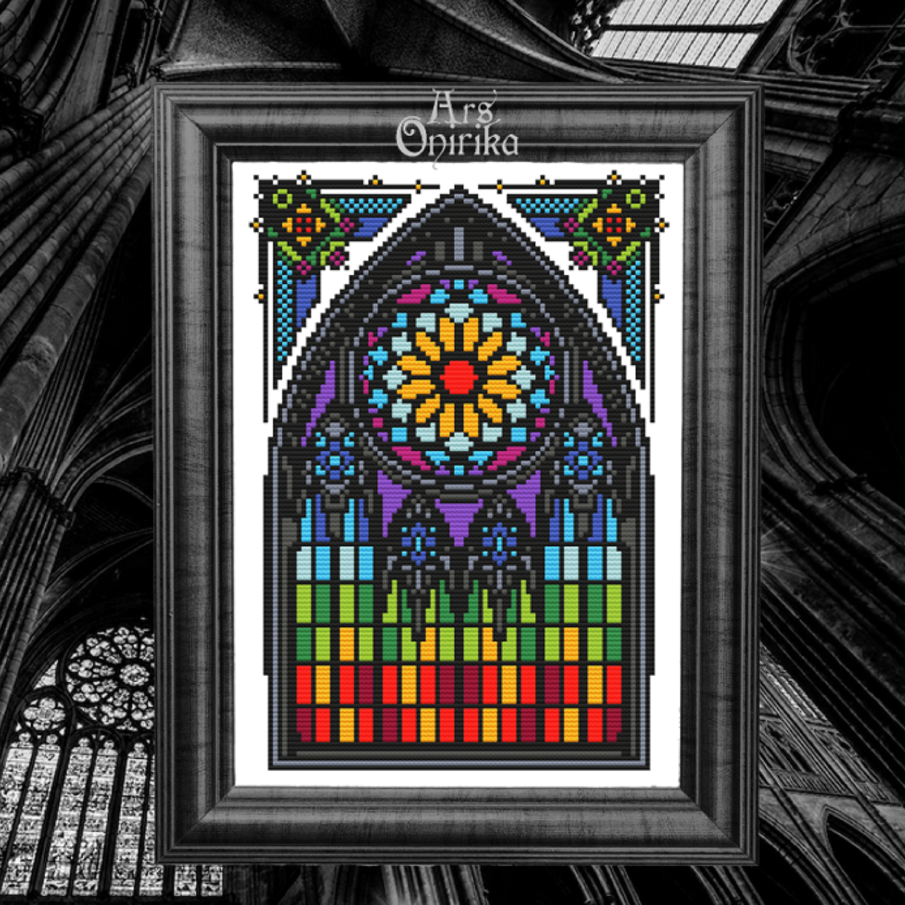 Gothic Stained Glass Cross Stitch Pattern – Colorful Window Embroidery (PDF) - EASY LEVEL